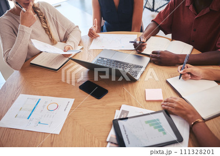 Finance, laptop and chart with a team working in collaboration during a meeting for planning, strategy and analysis. Teamwork, tablet and document for accounting, banking and management in the office Finance, laptop and chart with a team working in collaboration during a meeting for planning, strategy and analysis. Teamwork, tablet and document for accounting, banking and management in the office 111328201