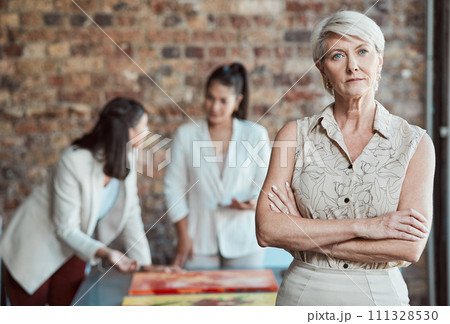 Elderly woman, art gallery manager and exhibition room working talking. Interior design business, review paintings and project teamwork. Serious buyer talking, museum collection and creative critic Elderly woman, art gallery manager and exhibition room working talking. Interior design business, review paintings and project teamwork. Serious buyer talking, museum collection and creative critic 111328530