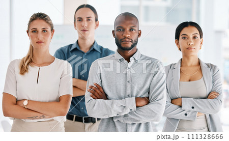 Motivation, arms crossed and serious with business people standing in corporate company building together. Innovation teamwork and goals with employees in conference, workshop or meeting 111328666