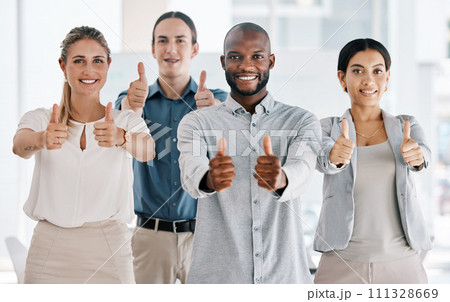 Diversity, team and thumbs up of business people in teamwork agreement for success at the office. Group of diverse employee workers together in collaboration in agree, yes or thank you hand gestures Diversity, team and thumbs up of business people in teamwork agreement for success at the office. Group of diverse employee workers together in collaboration in agree, yes or thank you hand gestures 111328669
