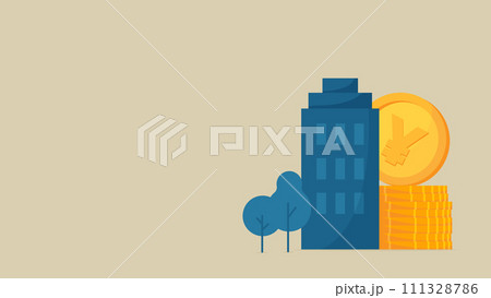 ビルの後ろには積み上げられた円硬貨があります。 111328786