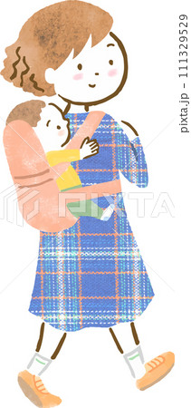 子供をおんぶ紐でおんぶする母親の手描きイラスト 子供をおんぶ紐でおんぶする母親の手描きイラスト 111329529
