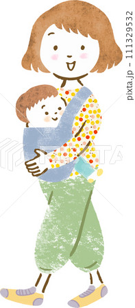 子供を抱っこ紐で抱っこする母親の手描きイラスト 111329532