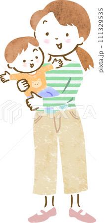 子供（男の子）を抱っこする母親の手描きイラストのイラスト素材