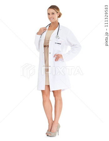 Doctor, happy woman or portrait in studio with pride or confidence in medical career as cardiologist. Full body, coat or medicine consultant with smile or healthcare isolated on white background Doctor, happy woman or portrait in studio with pride or confidence in medical career as cardiologist. Full body, coat or medicine consultant with smile or healthcare isolated on white background 111329583