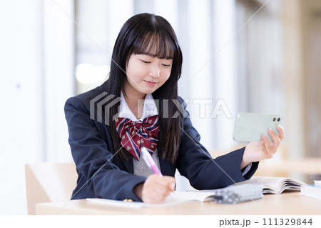 スマホを見ながら勉強する女子高生　撮影協力：有明教育芸術短期大学 111329844