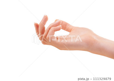 Woman, hand and skincare for manicure, cosmetics or beauty treatment against a white studio background. Closeup of female person palm for soft skin, glow or dermatology in wellness on mockup space 111329879