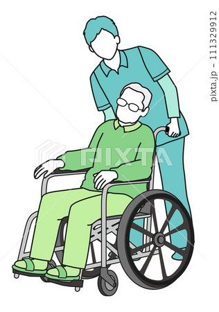 車いすに乗った高齢男性と見つめる介護士　顔なし 111329912