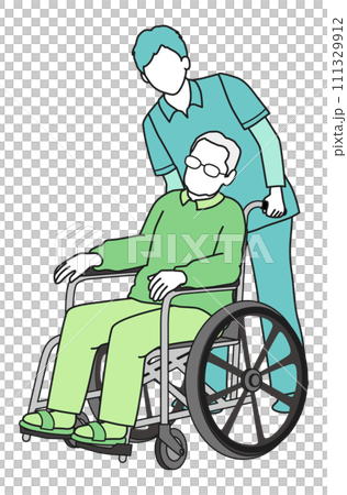 車いすに乗った高齢男性と見つめる介護士　顔なし 111329912