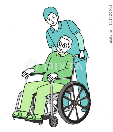 車いすに乗った高齢男性と見つめる介護士 111329913