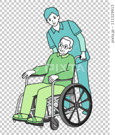 車いすに乗った高齢男性と見つめる介護士 111329913