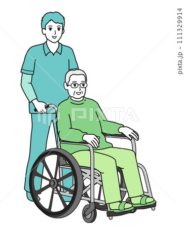 車いすに乗った高齢男性と介護士 111329914