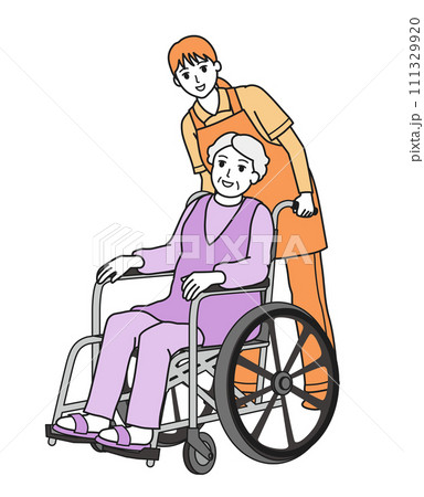 車椅子に乗る高齢者女性と見つめる介護士女性 111329920