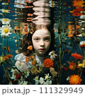 湖の底で花に囲まれてこちらを見つめるヨーロッパの少女 111329949