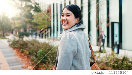 Walking, city and Japanese business woman with smile for morning commute, journey and travel to work. Professional, corporate and portrait of happy person in urban town for career, working and job Walking, city and Japanese business woman with smile for morning commute, journey and travel to work. Professional, corporate and portrait of happy person in urban town for career, working and job 111330104