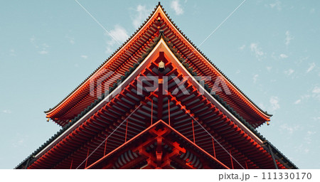 Japanese temple, blu sky and architecture, religion and traditional with building for Buddhism, for faith. Tradition, culture and landscape in Japan, place of worship with property or real estate Japanese temple, blu sky and architecture, religion and traditional with building for Buddhism, for faith. Tradition, culture and landscape in Japan, place of worship with property or real estate 111330170