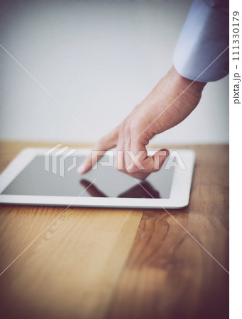 Tablet, finger and planning on interactive screen, mockup and technology for networking or touch. Business person, internet and responsive touchscreen for application, website and research in office 111330179