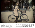 パリの街で自転車に乗る少女の古い写真 111330487