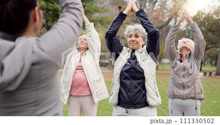 Trainer, park and elderly women stretching, yoga and fitness for wellness, health and pilates training. Female people, senior club or group outdoor, meditation or workout with exercise or retirement Trainer, park and elderly women stretching, yoga and fitness for wellness, health and pilates training. Female people, senior club or group outdoor, meditation or workout with exercise or retirement 111330502