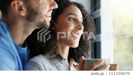 Love, married people with hug and in their home together for bonding time. Support or commitment, romance or care and happy young couple cuddle for affection or embracing company in their house 111330670