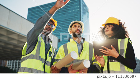 People, architect and team with tablet in city planning for construction, building or project. Group of employees, contractor or engineer in teamwork with technology for architecture plan on site People, architect and team with tablet in city planning for construction, building or project. Group of employees, contractor or engineer in teamwork with technology for architecture plan on site 111330697