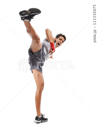 Boxer, man and kick in studio with sports for fitness, health and martial arts isolated on white background. Strong athlete legs with muscle, action and kickboxing with MMA training and exercise 111330875