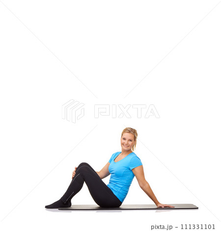Woman, yoga and portrait on floor of studio for exercise, healthy workout and smile isolated on white background. Wellness, training and happy lady on mat for fitness, strong body and mockup space 111331101