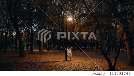 Woman, dance and night in outdoor dark at street light for performance, practice or creative artist. Female person, ballerina and dress on pointe in Japanese garden for talent, entertainment or skill 111331249