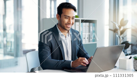 Happy, laptop and typing business man, bank consultant or admin worker smile for research report, project or data. Company computer, administration and professional person working on online account Happy, laptop and typing business man, bank consultant or admin worker smile for research report, project or data. Company computer, administration and professional person working on online account 111331305