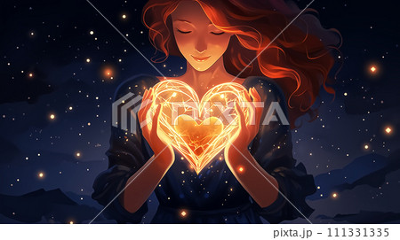 Beautiful woman with heart in her hands. 3d illustration. 111331335