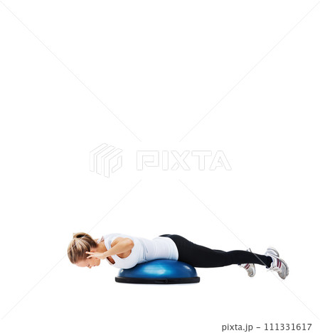 Woman, balance ball and lying for exercise, workout or fitness on a white studio background. Young active female person or athlete on half round object for training and wellness on mockup space Woman, balance ball and lying for exercise, workout or fitness on a white studio background. Young active female person or athlete on half round object for training and wellness on mockup space 111331617