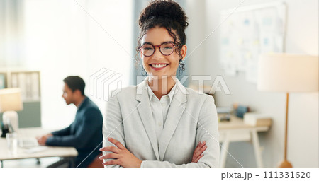 Portrait of woman with smile, arms crossed and coworking space for research, admin and consultant at agency. Office, networking business and face of happy girl with confidence, leadership at startup. Portrait of woman with smile, arms crossed and coworking space for research, admin and consultant at agency. Office, networking business and face of happy girl with confidence, leadership at startup. 111331620