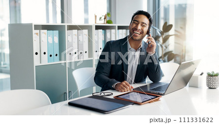 Phone call, laptop and talking business man, bank consultant or advisor feedback on research report, project or data. Smartphone chat, administration and corporate person consulting on online account 111331622
