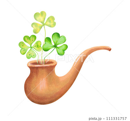 Vintage wooden brown smoking pipe with clover.Watercolor and marker illustration.St. Patrick's Day supplies.Clipart of retro accessory captain smoker.Hand drawn sketch isolated on white background. 111331757