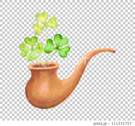 Vintage wooden brown smoking pipe with clover.Watercolor and marker illustration.St. Patrick's Day supplies.Clipart of retro accessory captain smoker.Hand drawn sketch isolated on white background. 111331757