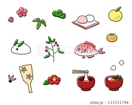 シンプルな正月のイラストセット　色ずれ 111331796