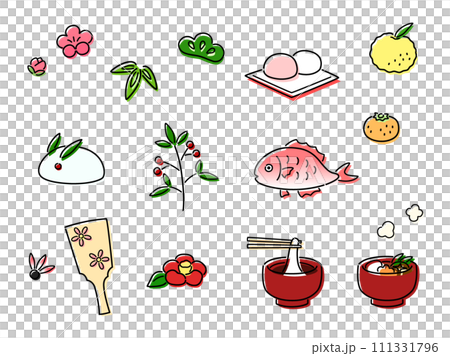 シンプルな正月のイラストセット　色ずれ 111331796