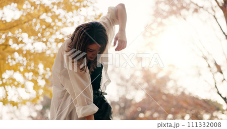 Outdoor, dancing and woman with talent, Japan and performance with training, routine and creative industry. Happy, contemporary and girl with summer, movement and dancer with practice and energy 111332008