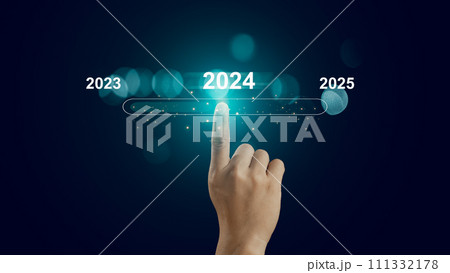 Human hand touch on virtual bar status to change from 2023 to 2024 and 2025 for preparation and focus new business concept, establish goals and a business plan, start new business and new life 111332178