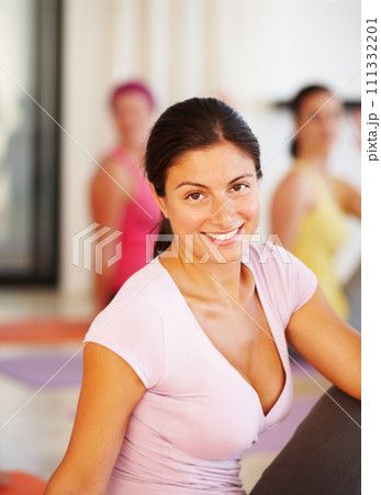 Portrait, stretching and woman in yoga for fitness, body exercise class and happy mindfulness. Club, pilates and group of people in holistic health retreat for wellness, balance and smile on face. Portrait, stretching and woman in yoga for fitness, body exercise class and happy mindfulness. Club, pilates and group of people in holistic health retreat for wellness, balance and smile on face. 111332201