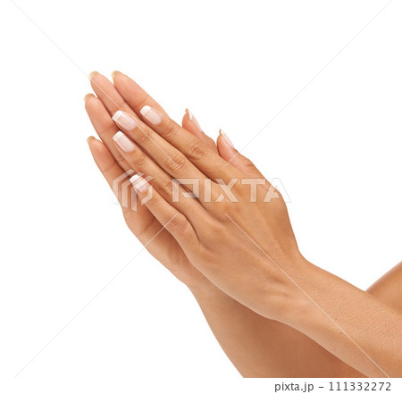 Woman, hands or nails in studio with manicure for cosmetics, skincare or nail treatment for wellness. Person, fingers or mock up space for cosmetology, moisturiser and smooth skin on white background Woman, hands or nails in studio with manicure for cosmetics, skincare or nail treatment for wellness. Person, fingers or mock up space for cosmetology, moisturiser and smooth skin on white background 111332272