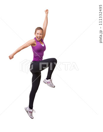 Woman, cheers and jump in studio for fitness, workout and training celebration, energy or achievement. Excited portrait of sports model or runner stretching in air with success on a white background 111332495