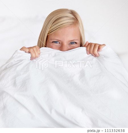 Portrait, eyes and happy woman in a bed with blanket, hiding or waking up playful in her home. Morning energy, face and cute female person with good mood, attitude or positive mindset in a bedroom Portrait, eyes and happy woman in a bed with blanket, hiding or waking up playful in her home. Morning energy, face and cute female person with good mood, attitude or positive mindset in a bedroom 111332638
