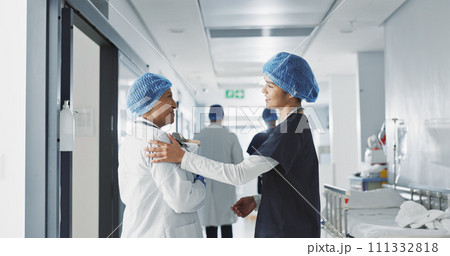 Discussion, hospital and doctors walking for teamwork, collaboration and advice for diagnosis. Healthcare, meeting and health workers in corridor for results, medical research and patient report 111332818