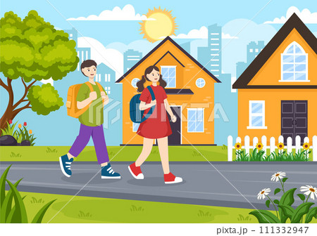 After School Vector Illustration with Students Leave School Building After Class or Program and Back to Home in Flat Cartoon Background 111332947