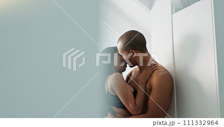 Sex, man and woman kiss for foreplay, passion for love and lust in marriage with couple together and intimacy. Desire, seduction and trust with romance on Valentines day and sexual moment at home 111332964
