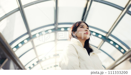 Thinking, city and Japanese woman on bridge on commute, travel and journey in metro. Student, fashion and person with trendy clothes, backpack or bag for university, college and adventure in town 111333200