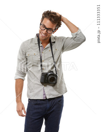 Smile, man and photographer with camera on neck in studio isolated on a white background. Happy person in glasses, creative paparazzi and hobby for fashion, style or thinking model on mockup space Smile, man and photographer with camera on neck in studio isolated on a white background. Happy person in glasses, creative paparazzi and hobby for fashion, style or thinking model on mockup space 111333351