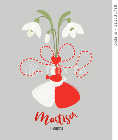 Martisor. Traditional holiday accessory talisman Martenitsa with snowdrop flowers. Symbol for spring beginning. 1 March. Vector illustration postcard in flat style Martisor. Traditional holiday accessory talisman Martenitsa with snowdrop flowers. Symbol for spring beginning. 1 March. Vector illustration postcard in flat style 111333718