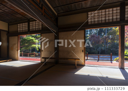 秋の京都　曼殊院　書院から眺める枯山水庭園 111333729